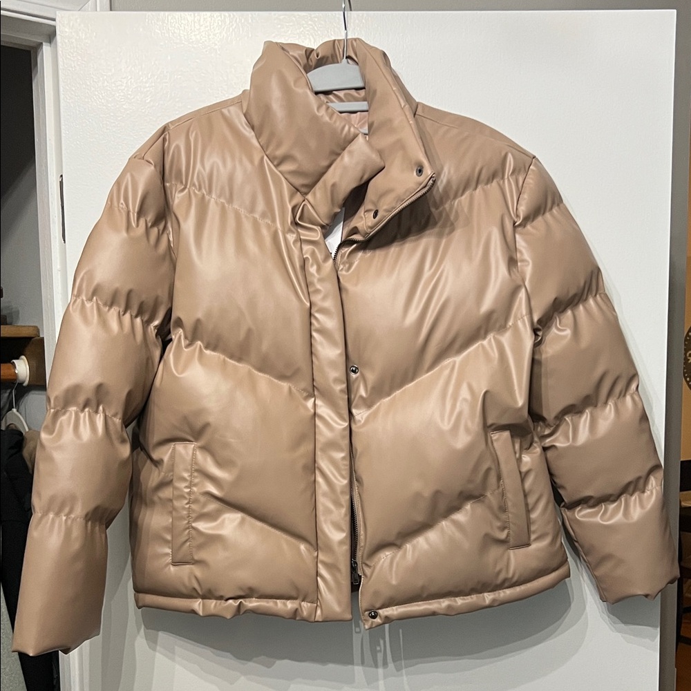 Steve Madden Taupe Faux-Leather Quilted Puffer Jacket